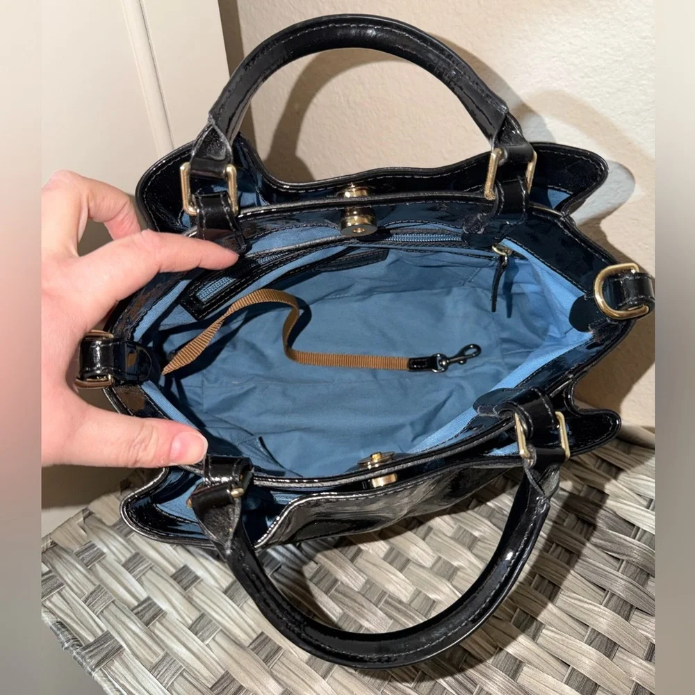 Dooney & Bourke Black Patent Leather Shoulder/Crossbody Satchel with Blue Lining - Picture 2 of 16
